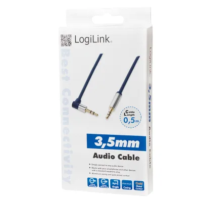CABLU audio LOGILINK stereo (3.5 mm jack T/T), 0.5m, conectori auriti, un conector 90 grade, albastru "CA11050" (timbru verde 0.08 lei)