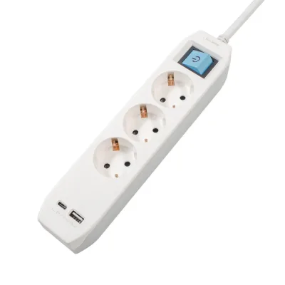 PRELUNGITOR SPACER, Schuko x 3, conectare prin Schuko (T),Type-C x1, USB x 1, 3.1A, cablu 3m, 16 A, max. 3500W, protectie copii, protectie supratensiune, Gri-Alb
