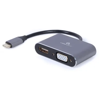 ADAPTOR video GEMBIRD, adaptor USB 3.0 Type-C (T) la HDMI (M) + VGA (M), 15cm, rezolutie maxima 4K UHD (3840 x 2160) la 30Hz, gri, "A-USB3C-HDMIVGA-01" (timbru verde 0.08 lei)