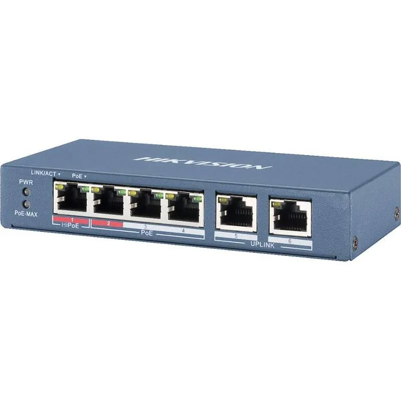 Switch 4 porturi PoE Hikvision DS-3E1106HP-EI 4 × 100 Mbps PoE RJ45 ports, 2 × 100 Mbps network RJ45 ports,IEEE 802.3at/af/bt standard for PoE ports,6 KV surge protection,AF/AT camera can reach up to 300 m in extend mode,Switching Capacity 1.2 Gbps,