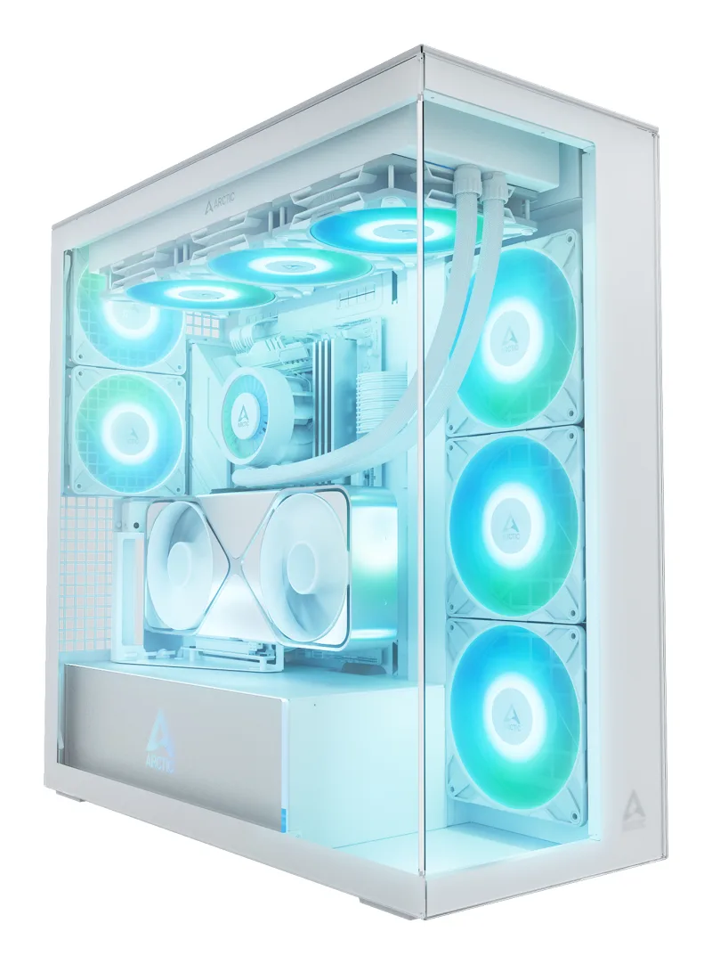 CARCASA Arctic "Xtender VG Wh", mid tower, max 8xfan, 3x P14 Pro R A-RGB si 2x P12 Pro A-RGB instalate, shroud 24 LED ARGB, USB-C x 1, USB 3.2 x 2, audio+mic, 7 sloturi exp, GPU vertical, riser PCIe 4.0, alb, "ACPCC00017A" (timbru verde 0.4lei)