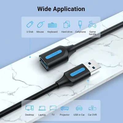 Cablu USB prelungitor Vention, USB 3.2 gen 1 (T) la USB 3.2 gen 1 (M), 1m rata transfer 5 Gbps, invelis PVC, negru, "CBHBF" (timbru verde 0.18 lei) - 6922794748866