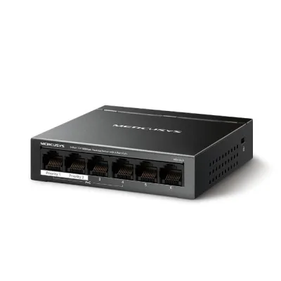 Mercusys Desktop Switch MS106LP 6 porturi 10/100Mbps, Standarde si protocoale  IEEE 802.3x Flow Control, 4 porturi POE, buget POE 40W, dimensiuni: 99.8*98*25mm.