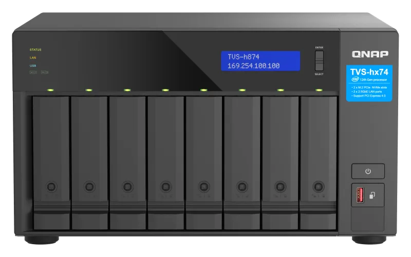 NAS QNAP H874 8-Bay, CPU Intel® Core™ i7 12-core 20-thread Processor, RAM 32GB (2x 16GB) DDR4 SODIMM (Max. 64GB), 8 x 2.5"/3.5" SATA 6Gbps + 2 x M.2 2280 NVMe HDD (neincluse),  LAN: 2 x 2.5GbE (2.5G/1G/100M/10M), Tower, Single PSU, 350W, garantie 3 ani