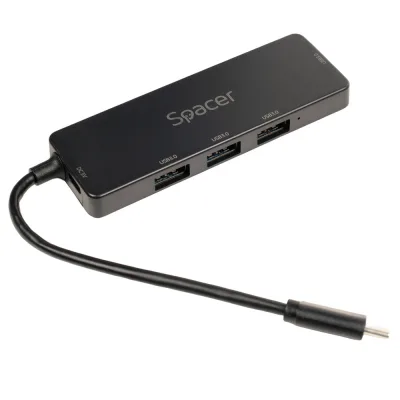 HUB extern SPACER, porturi USB:USB 3.0 X 4, 5V in (Type-C), conectare prin TYPE-C, cablu 15cm, ABS,  (timbru verde 0.18 lei), "SPHB-TYPEC-4U30-09"