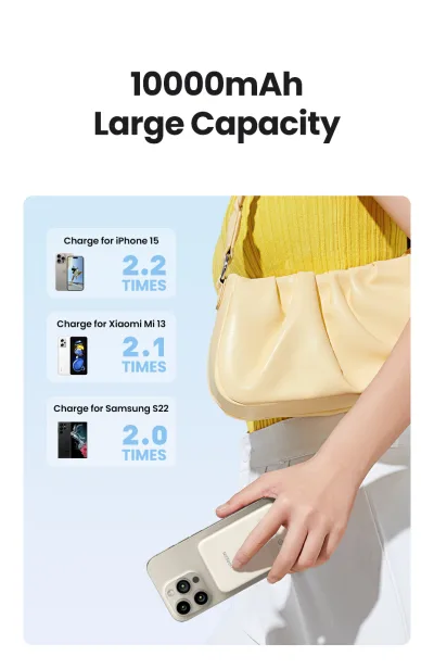 POWER BANK Ugreen "PB561" Magnetic Wireless, 10000mAh, 20W, 1 x USB Type-C output/input, 15W wireless charging, alb, "25208" (timbru verde 0.98 lei) - 6941876222087
