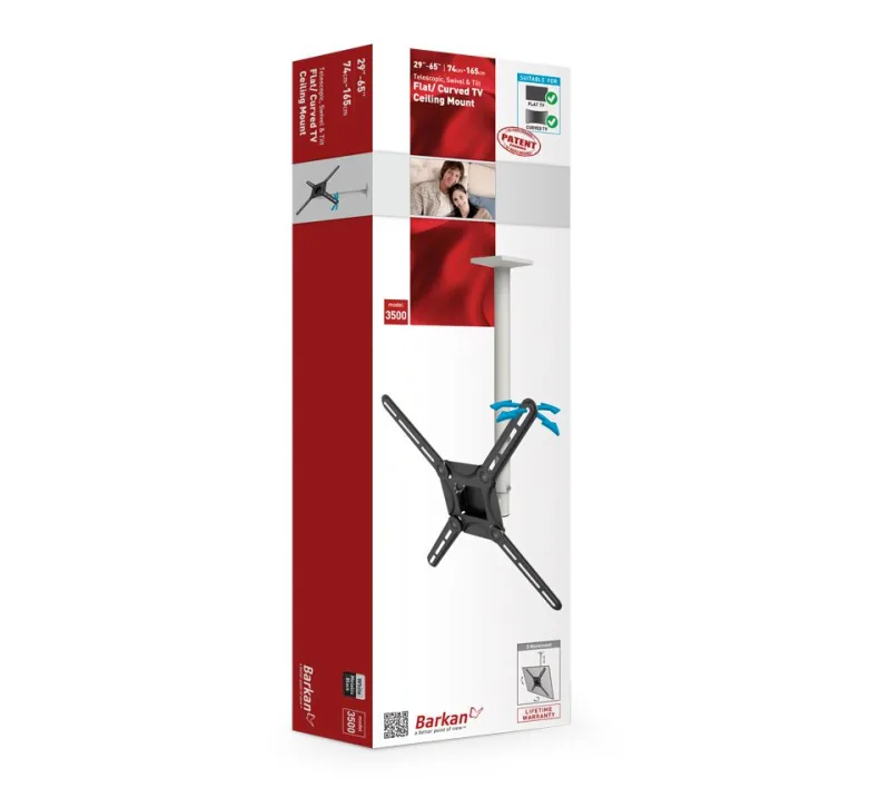 SUPORT pt tavan BARKAN, pt 1 TV/monitor plat, curbat, diag. max 65 inch, orizontala, verticala, inclinare, max 40 Kg, "3500.W"