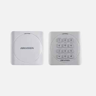 Cititor card cu tastatura Hikvision DS-K1801EK, frecventa de operare RFID EM125KHz, conectivitate: Wiegand 26/34 protocol, distanta de citire: max. 50mm, tastatura cu 12 butoane, Led de stare, alimentare; 12VDC, dimensiuni: 87mm × 87mm × 13.3mm, IP 65,
