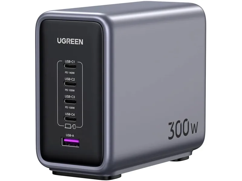 INCARCATOR RETEA UGREEN, "CD333" 300W GaN Nexode Desktop Charger PD3.1, 4 x USB Type-C, 1 x USB, lungime cablu 2m, gri  "90903B" (include timbru verde 2 lei)