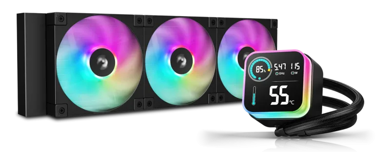 COOLER DeepCool "LQ360", skt. Intel si AMD, racire cu lichid, 3 x 120mm, 600 - 2400 RPM, iluminare RGB adresabil, afisaj LCD, negru "R-LQ360-BKLSMW-G-1" (timbru verde 2.00 lei)
