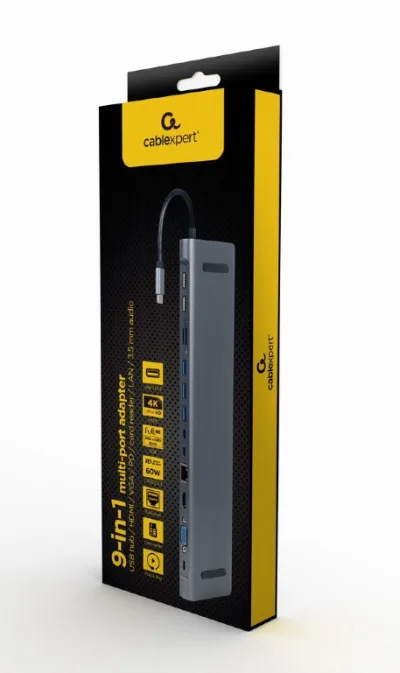 DOCKING Station Gembird universal, 9-in-1, conec PC USB-C,USB-Cx3, USB-A 3.1x3, USB-A 2.0x2, porturi video HDMIx1,VGAx1,PD 60W,RJ45,SD,microSD,Audio,argintiu "A-CM-COMBO9-01" (timbru verde 0.18 lei)
