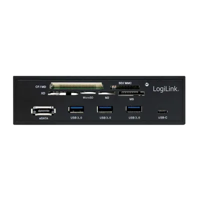 HUB intern LOGILINK, porturi USB: USB 3.0 x 3, USB Type C,conectare prin USB 2.0, S-ATA, alte porturi: SD, MicroSD, M2, MS, XD, CF, eSATA, negru, for 5.25" bay, black "UA0341"  (timbru verde 0.8 lei)