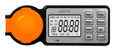 PRELUNGITOR LOGILINK, Schuko x 1, 230 V/16 A, 50 Hz, max. 3500 W, timer, LCD, 8 butoane operare, IP44, de exterior, negru-portocaliu, "ET0016" (timbru verde 0.18 lei)