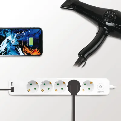 PRELUNGITOR LOGILINK, Schuko x 5, USB x 2 5V/2.1A (10.5 W), cablu 3G 1.5mm2, 230 V/16 A, 50 Hz, max. 3600 W, buton intrerupator iluminat, IP20, 1.5m, alb "LPS249U" (include TV 0.80lei)