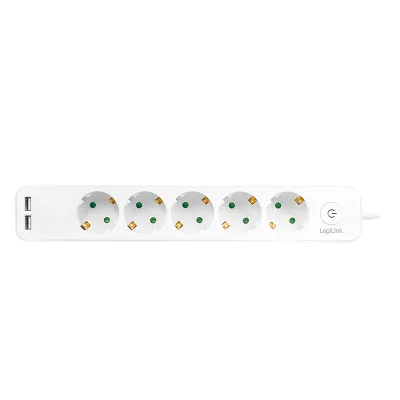 PRELUNGITOR LOGILINK, Schuko x 5, USB x 2 5V/2.1A (10.5 W), cablu 3G 1.5mm2, 230 V/16 A, 50 Hz, max. 3600 W, buton intrerupator iluminat, IP20, 1.5m, alb "LPS249U" (include TV 0.80lei)