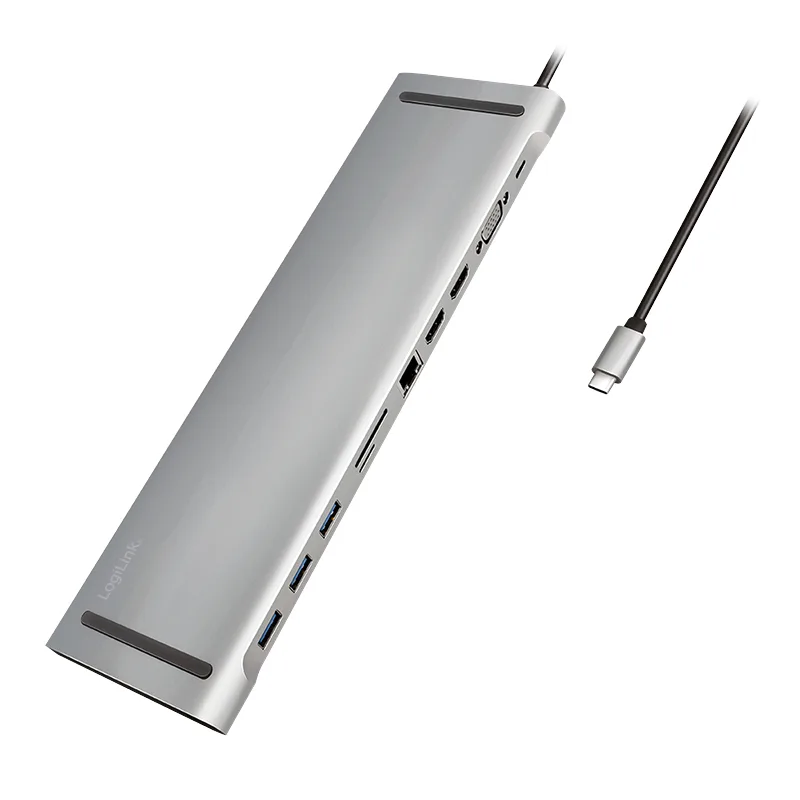 DOCKING Station LOGILINK universal, conectare PC USB TYPE-C 3.2, USB 3.0 x 3, porturi video VGA x 1, HDMI x 2, RJ-45, card reader, PD 3.0 pana la 100W, argintiu, "UA0373" (timbru verde 0.18 lei)
