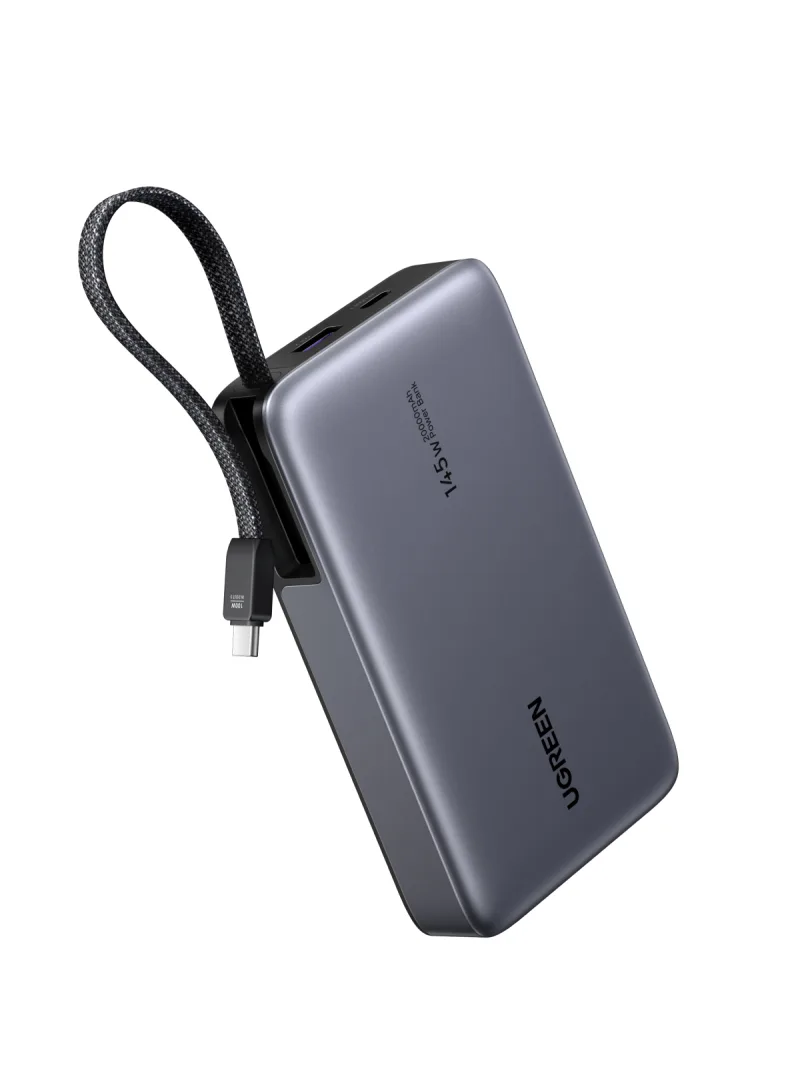POWER BANK Ugreen "PB551", 20000mAh, PD 3.0 + QC 3.0 145W, 1 x USB; 1 x USB Type-C, total 3A, cablu USB Type-C integrat, gri, "55992B" (timbru verde 0.98 lei) - 6941876269884