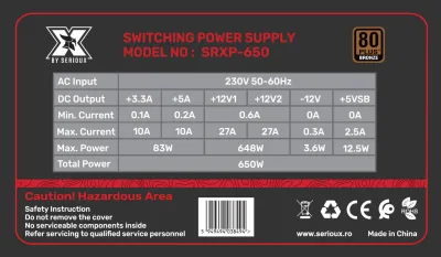 Sursa Serioux Energy 650W, 80+ BRONZE, Ventilator 12cm, ATX, material metal, cabluri: 20+4-pin, 1x4+4-pin, 2x6+2-pin, negru