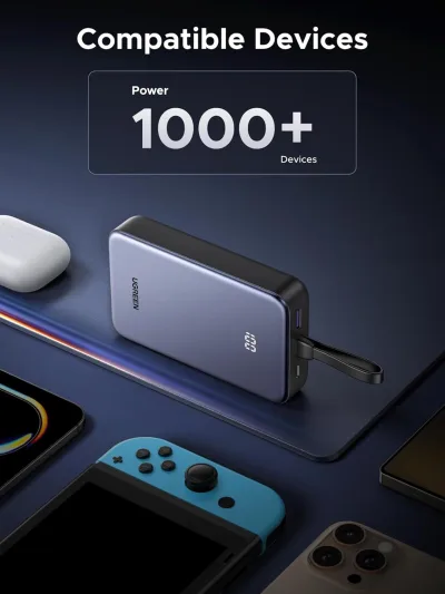POWER BANK Ugreen "PB505", 20000mAh, 20W, 1 x USB Type-C input/output, cablu USB Type-C integrat, gri "45762" (timbru verde 0.98 lei)