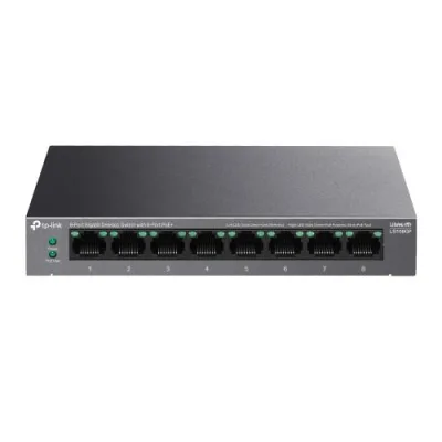 TP-LINK 5-PORT GIGABIT SWITCH LS108GP, interfata  8× 10/100/1000Mbps RJ45 Ports (Ports 1–8 supports 802.3af/at PoE+), AUTO Negotiation, AUTO MDI/MDIX, porturi Standard: 802.3 af/at compliant,  PoE Ports: Ports 1–8, pana la 30 W PoE output per port, PoE