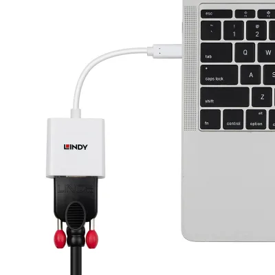 Lindy USB-C - VGA Converter, Maximum Input Resolution: 1920x1200@60Hz, Chipset: LT8711V, inputs: 1 x USB Type C (Male), Outputs: 1 x VGA (Female), alb