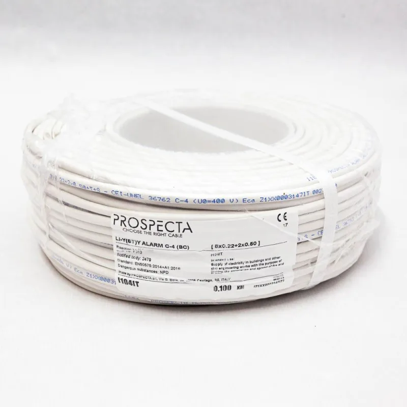 Cablu alarma 8 x 0.22 + 2 x 0.50 premium, cupru 100%, cod: I104IT Li-Y (ST)Y, made in Italy, utilizare pentru sisteme de alarma, manta exterioara PVC alb, ecranare: folie de aluminiu laminata, raza de curbura 10x diametru, Peak Operating Voltage 250,
