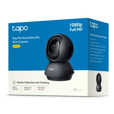 CAMERA IP TP-LINK, wireless, cube, pt. interior, dist. IR 9 m, tip lentila fixa 4 mm, 2 Mpx, microfon, carcasa plastic, slot SD card, negru "Tapo C201" (timbru verde 0.8 lei)