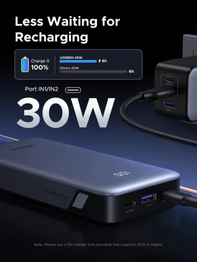 POWER BANK Ugreen, "PB532", 20000mAh, 30W, 2 x USB Type-C input/output, 1 x USB, display, gri, "55989B" (timbru verde 0.98 lei)