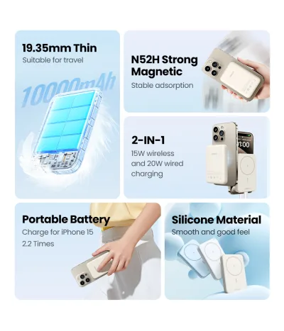 POWER BANK Ugreen "PB561" Magnetic Wireless, 10000mAh, 20W, 1 x USB Type-C output/input, 15W wireless charging, alb, "25208" (timbru verde 0.98 lei) - 6941876222087
