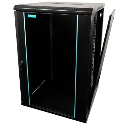CABINET 19″ SPACER 18U 600x600mm, fixare pe perete, Flatpack (dezasamblat), Black, usa sticla cu blocare, panouri detasabile, otel 1.5mm, sarcina maxima 60Kg