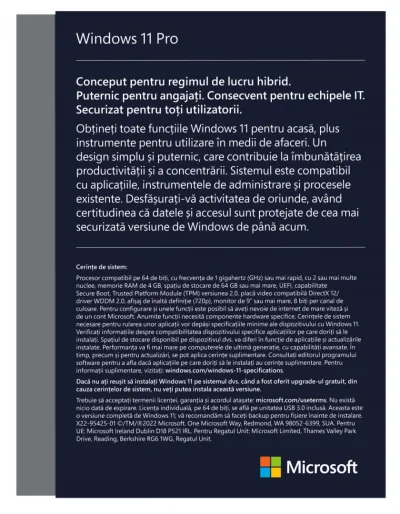 Licenta retail Microsoft Windows 11 Pro 32-bit/64-bit Romanian USB