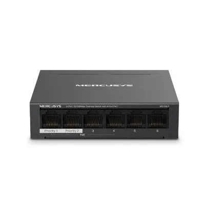 Mercusys Desktop Switch MS106LP 6 porturi 10/100Mbps, Standarde si protocoale  IEEE 802.3x Flow Control, 4 porturi POE, buget POE 40W, dimensiuni: 99.8*98*25mm.