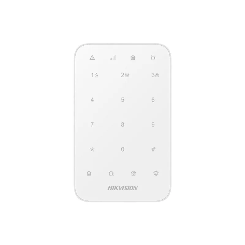 Tastatura wireless AX PRO Hikvision DS-PK1-E-WE, 868MHz two-way Tri-X wireless technology; distanta comunicare RF : 1200min camp deschis; Stay/away arming, disarming, alarm clearing for anumite zone sau pentru toate zonele; One-Push fire alarm, panic