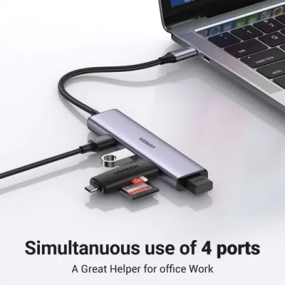HUB extern Ugreen, "CM473" porturi USB: USB 3.0 x 4, conectare prin USB Type-C, aluminiu, lungime 20 cm, gri, "20841" (timbru verde 0.8 lei) - 6957303828418