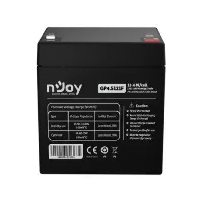 Acumulator nJoy GP4.5121F 12V Capacitate 14,95W/cell evaluat la 1.65V/cell @ 15 min, Tensiune 12V, Tip VRLA, Caracteristici Sigilata complet si fara intretinere, Peste 260 de cicluri la 100% DOD, Utilizare standard 3-5 ani, Auto-descarcare redusa,