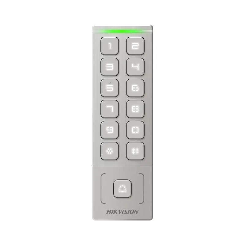 Cititor de proximitate cu tastatura Hikvision DS-K1T809MX, card sau PIN, maxim 1000 carduri si 1000 useri, cititor pentru carduri M1 incorporat, Wiegand out, supports Wiegand 26/34, alimentare: 12 VDC, 1 A, protectie: IP65, dimensiunii: 151 mm × 48 mm