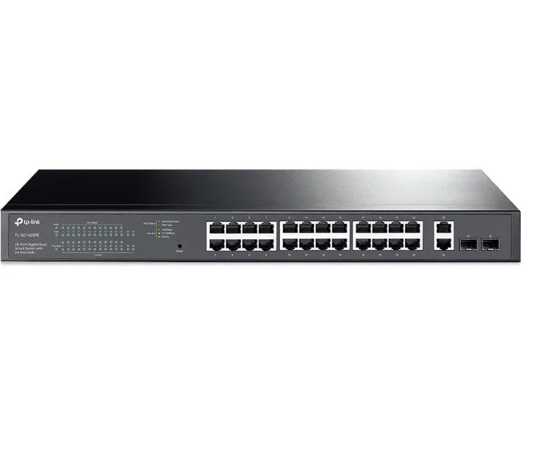 "28-Port Gigabit Easy Smart Switch with 24-Port PoE+ PORT: 24× Gigabit PoE+ Ports, 2× Gigabit Non-PoE Ports, 2× Gigabit SFP Slots SPEC: 802.3at/af, 250 W PoE Power, 1U 19-inch Rack-mountable Steel Case FEATURE: PoE Auto Recovery, MTU/Port/Tag-based VLAN,