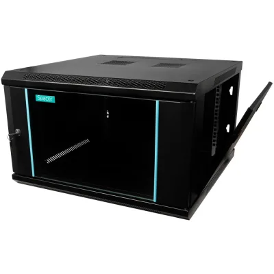 CABINET 19″ SPACER 6U 600x600mm, fixare pe perete, Flatpack (dezasamblat), Black, usa sticla cu blocare, panouri detasabile, otel 1.5mm, sarcina maxima 60Kg