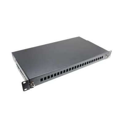PATCH PANEL Emtexl FO cu sina glisanta 24 porturi LC duplex / SC simplex, 1U, caseta sudura 24, tub termo, accesorii prindere, neechipat, negru - EMTEX "SPS24SCS-RF-VK"