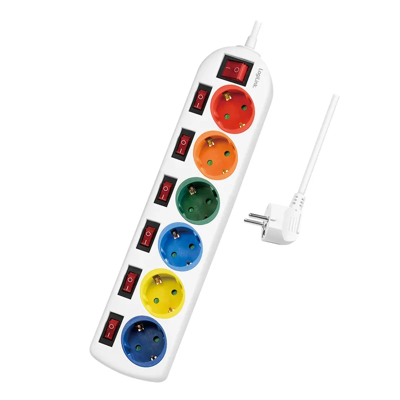 PRELUNGITOR LOGILINK, Schuko x 6, conectare prin Schuko (T), cablu 1.5 m, 16 A, protectie copii, alb/ multicolor, "LPS259" (timbru verde 0.18 lei)