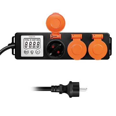 PRELUNGITOR LOGILINK, Schuko x 3, cablu 3G 1.5mm2, 230 V/16 A, 50 Hz, max. 3500 W, contor cost energetic, LCD, 3 butoane operare, IP44, de exterior, 1.4m, negru-portocaliu, "EM0008" (timbru verde 0.8 lei)