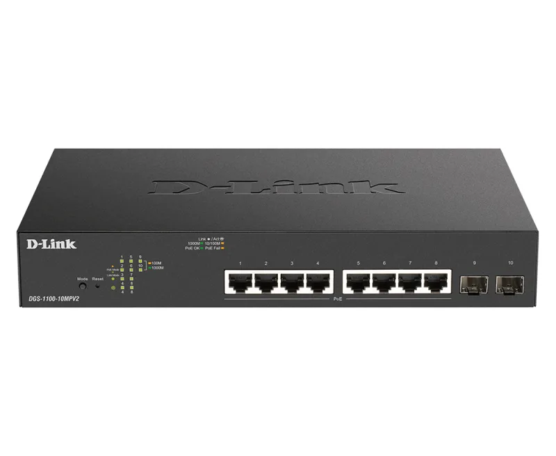 SWITCH PoE D-LINK Smart 8 porturi Gigabit (8 PoE) + 2 porturi SFP, IEEE 802.3af/at, carcasa metalica, rackabil "DGS-1100-10MPV2"(timbru verde 2 lei)