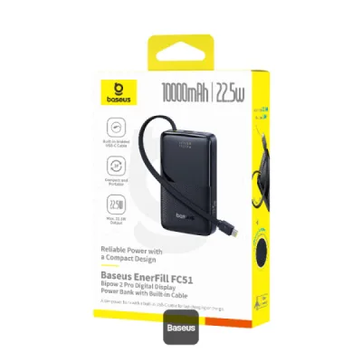 POWER BANK Baseus EnerFill FC51 Bipow 2 Pro Digital, capacitate 30000mAh 22.5W, 1 x USB, 1 x USB Type-C, cablu integrat USB Type-C, display, negru "E0028100" (timbru verde 0.98 lei) - 6932172698645