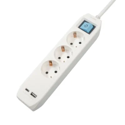 PRELUNGITOR SPACER, Schuko x 3, conectare prin Schuko (T),Type-C x1, USB x 1, 3.1A, cablu 1.8m, 16 A, max. 3500W, protectie copii, Intrerupator, Gri.