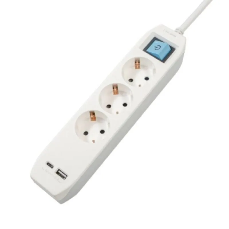 PRELUNGITOR SPACER, Schuko x 3, conectare prin Schuko (T),Type-C x1, USB x 1, 3.1A, cablu 1.8m, 16 A, max. 3500W, protectie copii, Intrerupator, Gri.