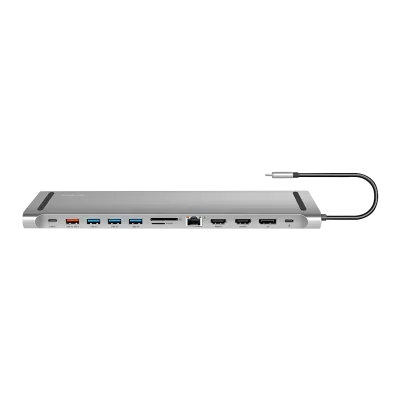 DOCKING Station LOGILINK universal, conectare PC USB TYPE-C 3.2, USB-C PD x 1, USB-C x 1, USB-A 3.0 x 3, porturi video DP x 1, HDMI x 2, RJ-45, 3.5mm x 1, card reader, PD 3.0 pana la 100W, argintiu, "UA0411" (timbru verde 0.18 lei)