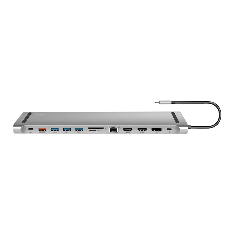 DOCKING Station LOGILINK universal, conectare PC USB TYPE-C 3.2, USB-C PD x 1, USB-C x 1, USB-A 3.0 x 3, porturi video DP x 1, HDMI x 2, RJ-45, 3.5mm x 1, card reader, PD 3.0 pana la 100W, argintiu, "UA0411" (timbru verde 0.18 lei)