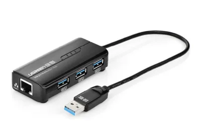 ADAPTOR RETEA Ugreen, "20265" extern, USB 3.0 (T) la port Gigabit RJ-45, porturi USB: USB 3.0 x 3, LED, negru "20265" (timbru verde 0.18 lei) - 6957303822652