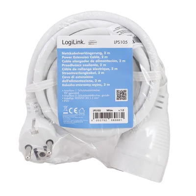 CABLU alimentare LOGILINK prelungitor,  2m, intrare Schuko (T) plug,  iesire Schuko (M) plug 90 grade, 16A, 3500W, 3x1.5mm2, white, "LPS105" (timbru verde 0.08 lei)