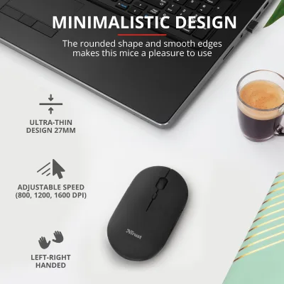 Mouse Wireless Trust Puck Rechargeable Wireless Ultra-Thin Mouse, 1600 dpi, Negru